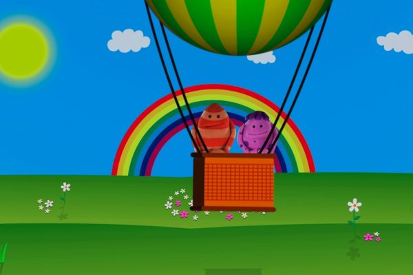 Yab and Abu flying in a balloon